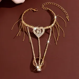 Sparkling Gold Rhinestone Heart Hand Chain Bracelet Slave Ring Tassel Jewelry Detail View