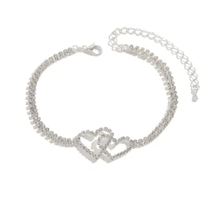 Elegante cavigliera a doppio cuore in argento con strass scintillanti e catenina