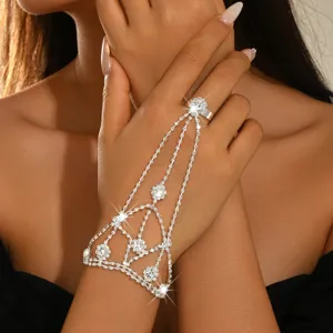 Elegant rhinestone hand chain slave bracelet geometric crystal finger ring jewelry for women
