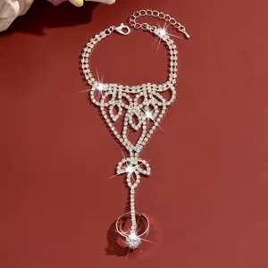 Rhinestone hand chain detail, exquisite cutout heart slave bracelet sparkle crystal jewelry.