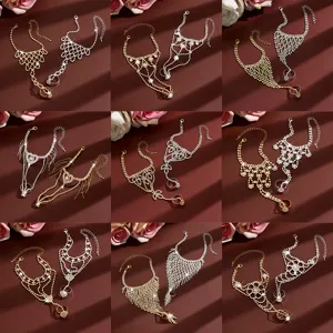 Fashion Copper Rhinestone Geometric Heart Hand Chain Bracelet Tassel Mesh Ring-Linked Bracelet For Women Party Jewelry