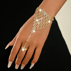 Gold rhinestone slave bracelet hand chain geometric finger ring hollow fashion women