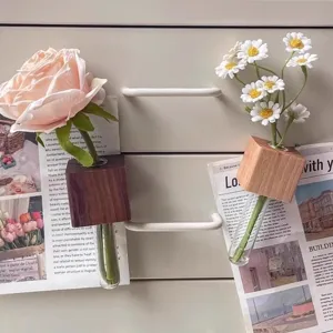 Wooden magnetic test tube vase for fridge, creative floral arrangement plant holder decor.
