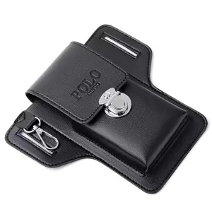 Schwarze Handy-Gürteltasche aus Leder für Herren mit Gürtelschlaufe und Metallverschluss.