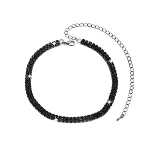 Black multi-row rhinestone choker necklace, elegant sparkling crystal clavicle chain for women.