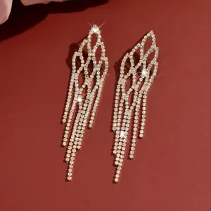 Elegantes pendientes largos de borla de diamantes de imitación, aretes geométricos dorados.