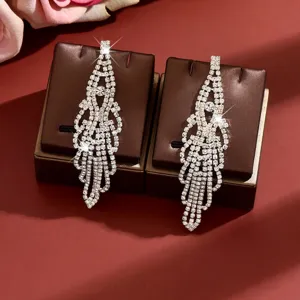 Sparkling rhinestone geometric tassel long earrings for women elegant party jewelry.