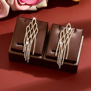 Pendientes Colgantes Largos de Cobre Ecológico con Strass y Borla Rombo Geométrico Joyería de Moda Regalo para Mujer