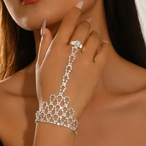 Stunning silver rhinestone slave bracelet, gorgeous hand chain jewelry for women parties.