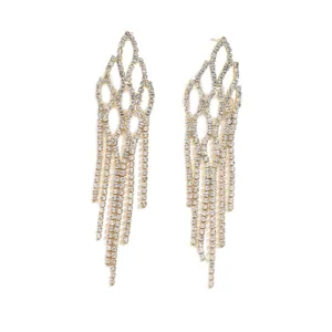 Elegantes pendientes largos geométricos con borlas de diamantes de imitación para mujer, brillantes.