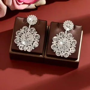 Stunning full rhinestone flower statement earrings for women, luxury party jewelry accessory.