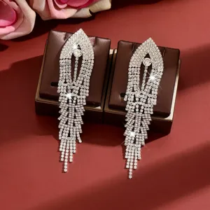 Elegant long rhinestone fringe earrings featuring sparkling full diamond design for women fashion.
