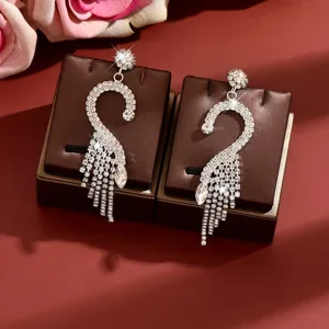 Elegant rhinestone swan tassel earrings with sparkling crystals for women luxury fashion gift