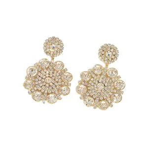 Gorgeous gold-toned rhinestone flower dangle earrings with sparkling crystal cluster design.