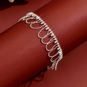 Silver rhinestone wave tassel anklet, double-row tennis diamond drape adjustable chain summer beach