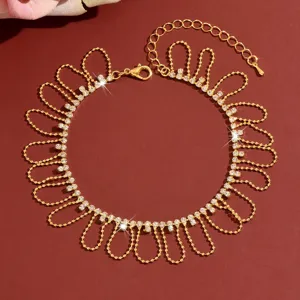 Gold Rhinestone Tassel Anklet Draping Chain Summer Beach Jewelry for Women Daily Wear