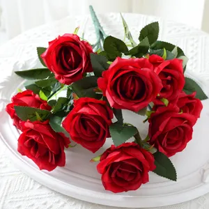 Elegant 9-head artificial red roses for Valentine's Day and wedding home decor