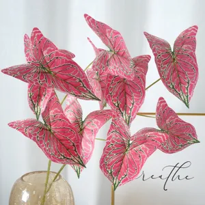 Feuilles de Taro Artificielles 5 Fourches Plantes Vertes en Plastique pour Maison Mariage Décoration Murale Intérieure Arrangement Floral