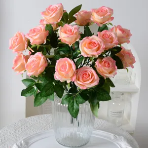 Artificial 9-head peach pink silk rose bouquet for home wedding decoration in glass vase