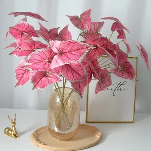 Feuilles de caladium artificielles à 5 branches plante rose décoration intérieure maison