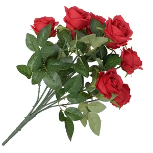 Realistic bouquet of nine red artificial silk roses for wedding home floral decoration