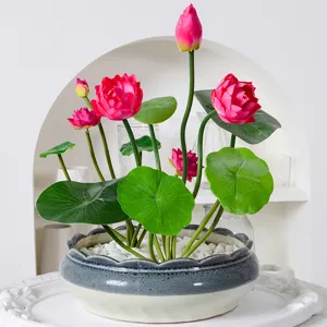 Tige de Fleur de Lotus Artificielle Feuille de Lotus en Soie Nénuphar Fausse Plante Pour Étang Décoration Intérieure Accessoires Photo