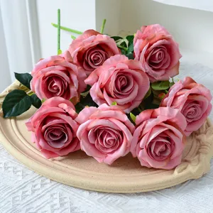 Bouquet de roses artificielles velours rose fleurs fausses deco mariage maison