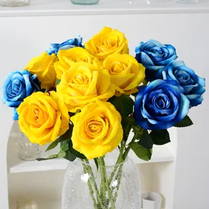 Bouquet de roses en velours artificiel bleu et jaune fleurs fausses déco mariage