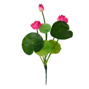 Bouquet de fleurs de lotus artificielles avec fleurs roses et feuilles vertes pour la déco.