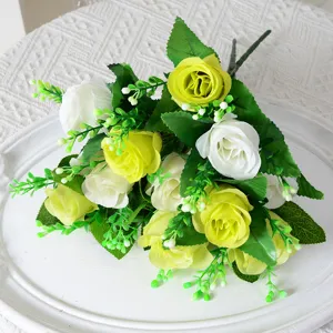 Bouquet élégant de roses d'acacia artificielles jaunes et blanches pour mariage