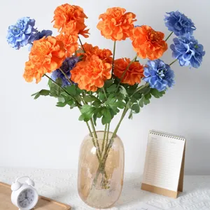 Bouquet de fleurs artificielles fausses dahlias en soie avec vase en verre pour décoration maison.