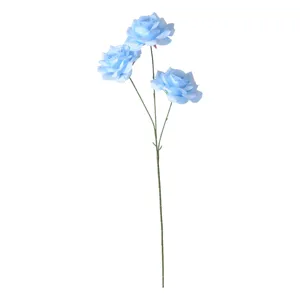 Elegant artificial three-head light blue roses for wedding decor and floral wall arrangements
