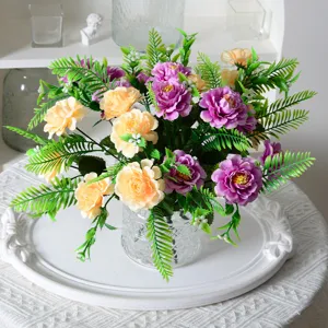 Bouquet de fleurs artificielles chrysanthèmes avec vase en verre pour déco maison
