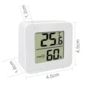 Detailweergave van compacte digitale thermo hygrometer met helder LCD scherm en afmetingen.