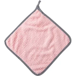 Hanging coral fleece hand towel kitchen absorbent dishcloth with checkered border pink