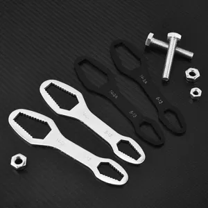 Close-up of universal double-head self-tightening wrench set in black and silver finishes