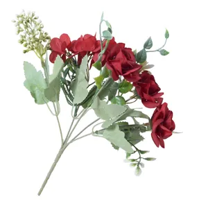 Bouquet de fleurs artificielles de roses rouges et baies blanches pour décoration de maison mariage