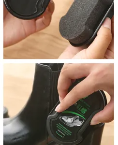 Detail shot of portable sponge shoe wax and polish applicator cleaning a black leather boot.