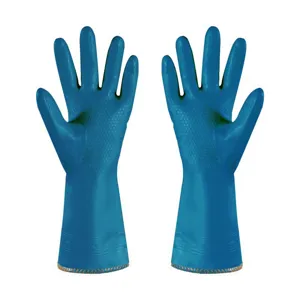 Gants de menage epais en caoutchouc bleu pour le nettoyage quotidien de la cuisine.