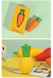 Detail view of cute fruit eraser set, featuring carrot and pineapple shapes for student use.