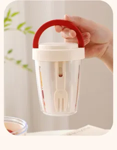Portable fruit salad cup with fork, double layer breakfast cup for picnic and outdoor use.