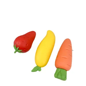 Cute jumbo fruit and vegetable shaped erasers set featuring strawberry, mango and carrot.