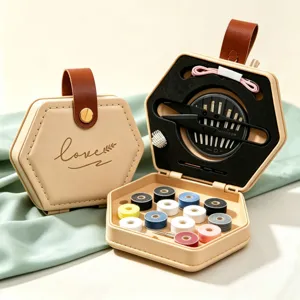 Caja de Kit de Costura de Cuero Multifuncional Portátil con Carretes Tijeras Agujas Organizador de Costura