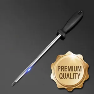 Professional kitchen sharpening steel rod for quick knife honing, ergonomic handle design.