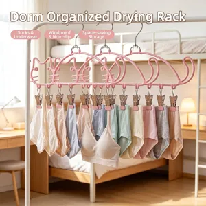 Space-saving pink cat-shaped laundry drying rack with clips for socks and underwear