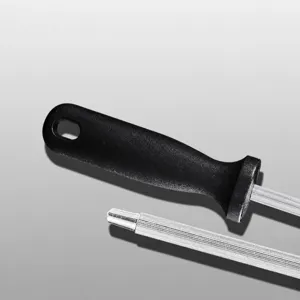 Professional kitchen knife sharpener rod with ergonomic handle for quick honing.