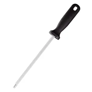 Professional kitchen knife sharpener honing steel with ergonomic black handle for fast sharpening.