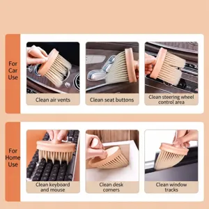 Multi-functional soft dusting brush with wooden handle for car interior and home cleaning.