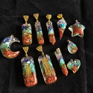 Colorful Crushed Stone Resin Pendant Natural Stone Geometric Star Moon Heart Necklace Women Jewelry