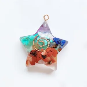 Detailed shot of a star-shaped resin pendant filled with colorful natural crystal stone chips.